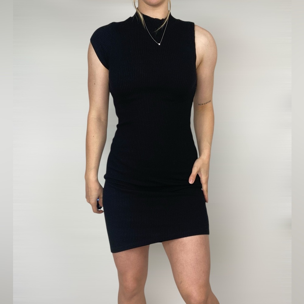 LNA Peak Rib Dress Black Stretch Mini Minimal Casual Club Party Bodycon